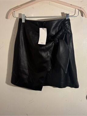 NWT Mango Black Faux Leather Wrap Mini Skirt with Side Tie Knot